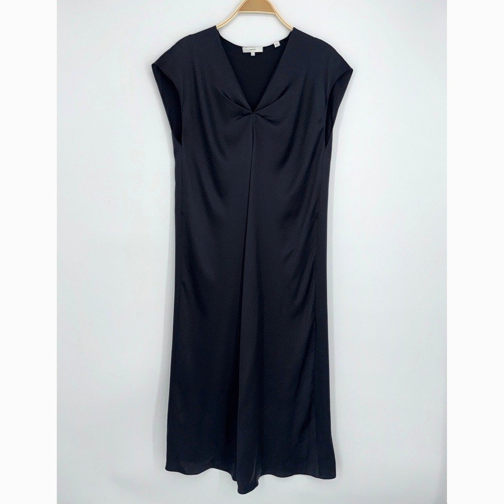 Vince Silk Midi Dress Small Black Cap Sleeve Pleated Front V-Neck Minimalist